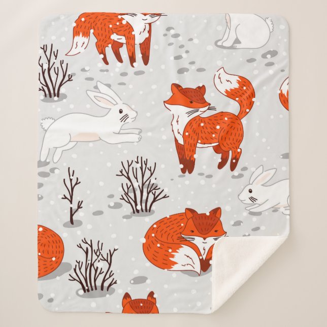 Winter seamless pattern with cute foxes and bunny. sherpa blanket (Front)
