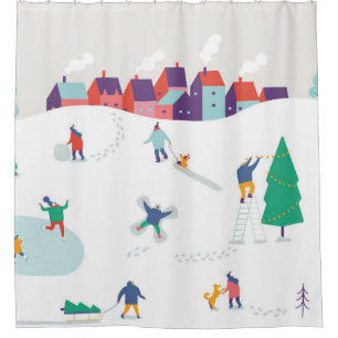 Winter season background people characters. Winter Shower Curtain