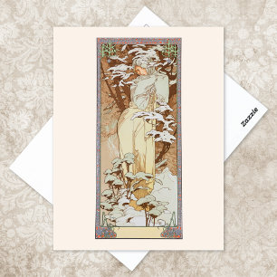 Winter Season Fashion Illustration Alphonse Mucha Postcard