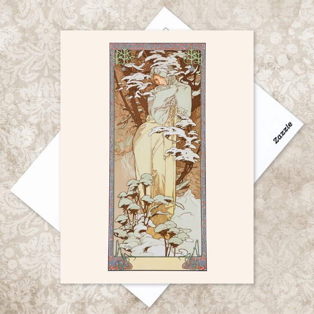 Winter Season Fashion Illustration Alphonse Mucha Postcard (Creator Uploaded)