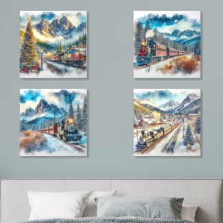 Winter Season Watercolor Vintage Trains