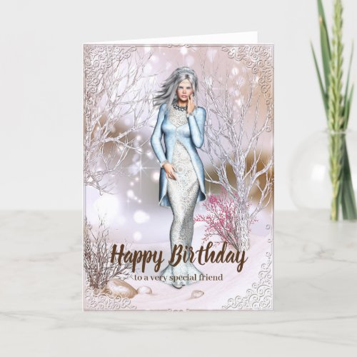 Winter Season Woman Fantasy Birthday Card