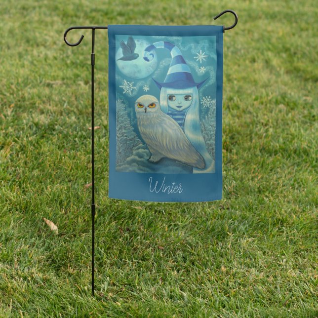 Winter Seasonal Snowy Owl Witch Doll Cute Big Eyes Garden Flag (In SItu)