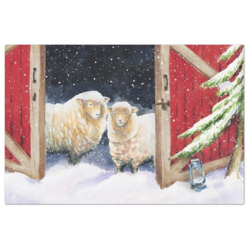 Winter Sheep in Red Barn Tissue Paper