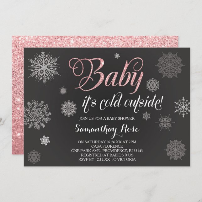 Winter Shower Invitation, Baby Pink Glitter Invitation (Front/Back)