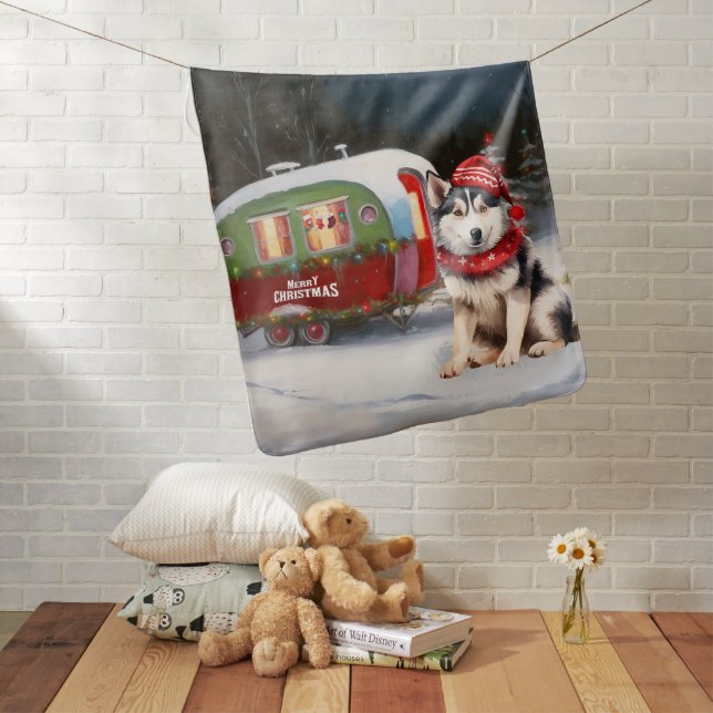 Winter Siberian Husky Caravan Christmas Adventure Baby Blanket (In Situ)