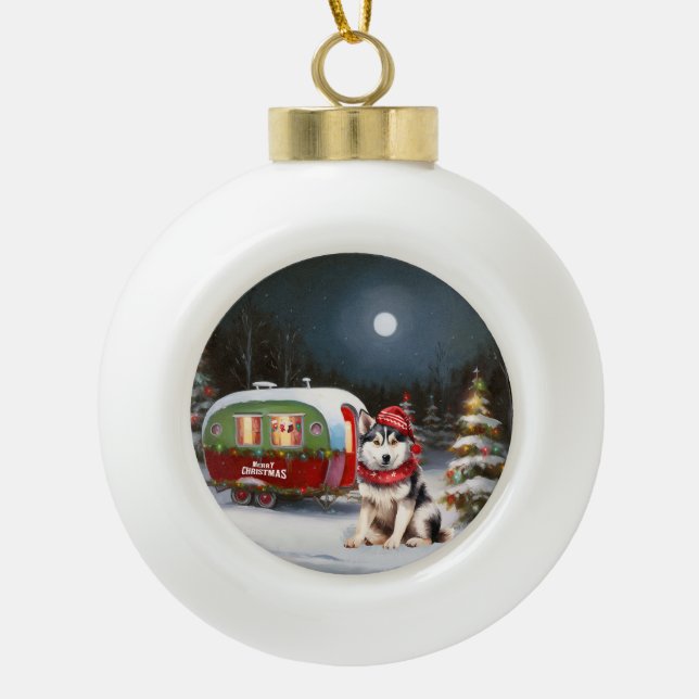 Winter Siberian Husky Caravan Christmas Adventure Ceramic Ball Christmas Ornament (Front)