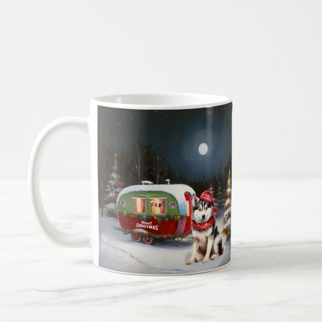 Winter Siberian Husky Caravan Christmas Adventure Coffee Mug (Left)