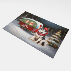 Winter Siberian Husky Caravan Christmas Adventure Doormat