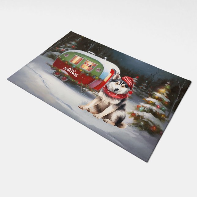 Winter Siberian Husky Caravan Christmas Adventure Doormat (Angled)