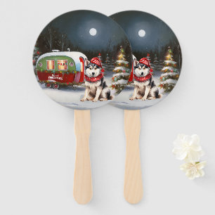 Winter Siberian Husky Caravan Christmas Adventure Hand Fan