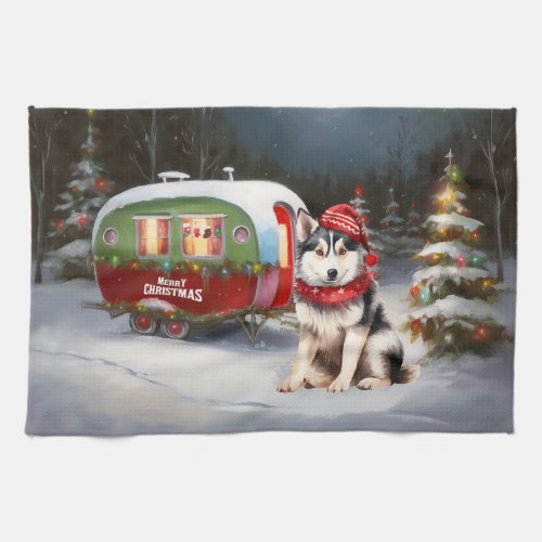 Winter Siberian Husky Caravan Christmas Adventure Kitchen Towel