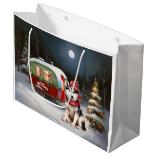 Winter Siberian Husky Caravan Christmas Adventure Large Gift Bag