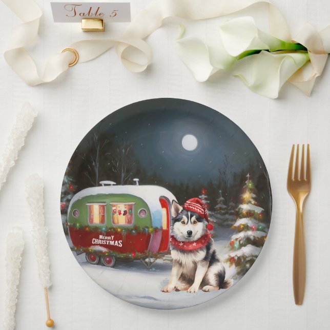 Winter Siberian Husky Caravan Christmas Adventure Paper Plates (Wedding)