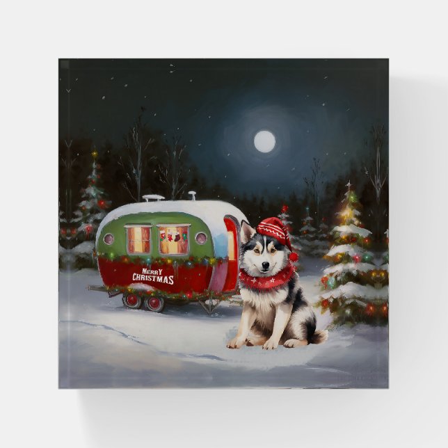 Winter Siberian Husky Caravan Christmas Adventure Paperweight (Front)