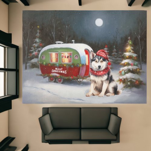 Winter Siberian Husky Caravan Christmas Adventure Rug