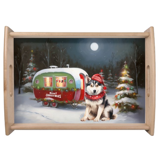 Winter Siberian Husky Caravan Christmas Adventure Serving Tray (Front)