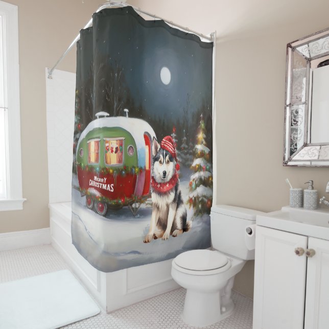 Winter Siberian Husky Caravan Christmas Adventure Shower Curtain (In Situ)