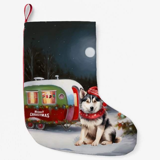 Winter Siberian Husky Caravan Christmas Adventure Small Christmas Stocking (Front)