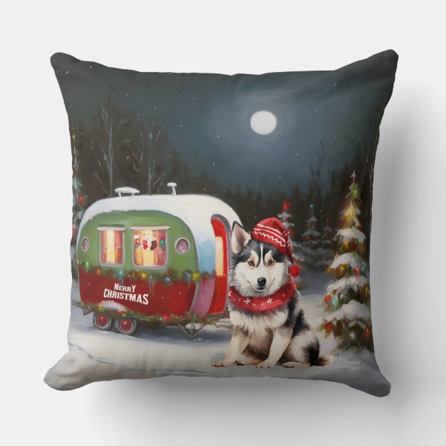 Winter Siberian Husky Caravan Christmas Adventure Throw Pillow (Front)