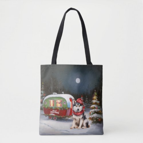 Winter Siberian Husky Caravan Christmas Adventure Tote Bag