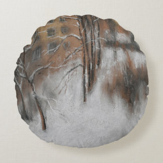 Winter Silence by the Window Round Pillow