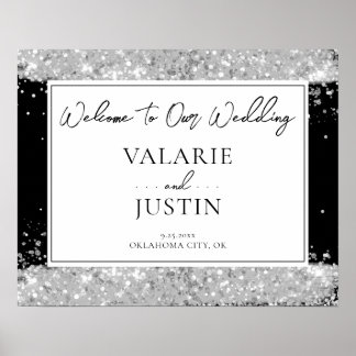 Winter Silver and Black Glitter Wedding Welcome Poster