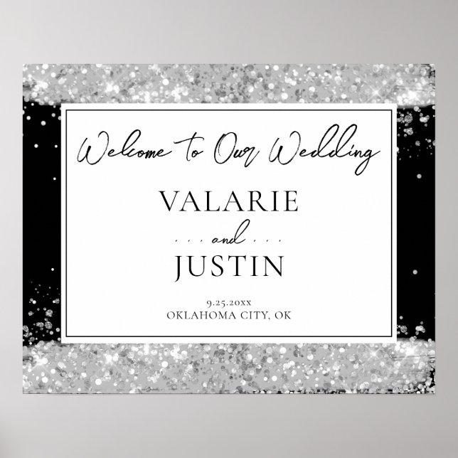 Winter Silver and Black Glitter Wedding Welcome Poster (Front)
