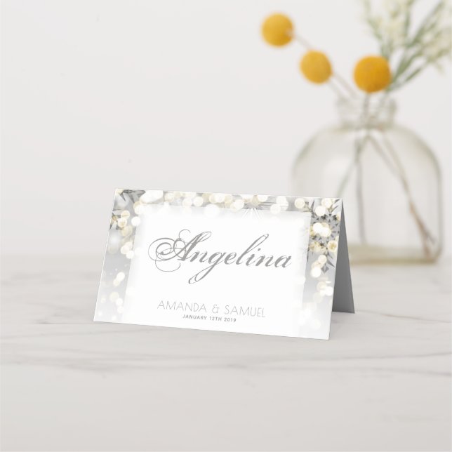 Winter Silver and Gold Sparkle Wedding Place Card (Front)
