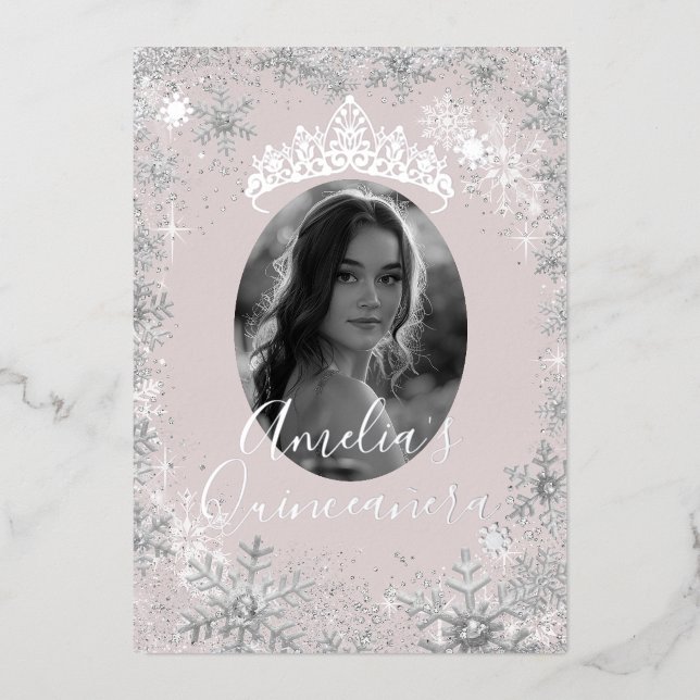Winter Silver Beige Snowflake Photo Quinceanera Foil Invitation (Front)