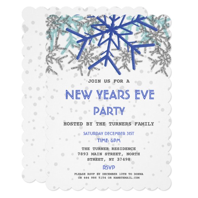 Winter Silver Blue Snowflake NEW YEARS EVE PARTY Invitation