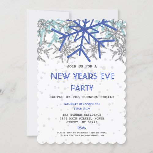 Winter Silver Blue Snowflake NEW YEARS EVE PARTY Invitation