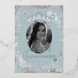 Winter Silver Blue Snowflake Photo Quinceanera Foil Invitation