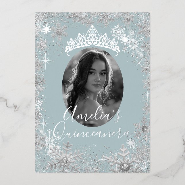 Winter Silver Blue Snowflake Photo Quinceanera Foil Invitation (Front)