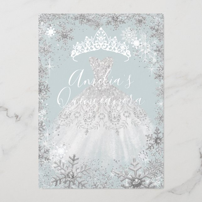 Winter Silver Blue Snowflake Quinceanera Foil Invitation (Front)