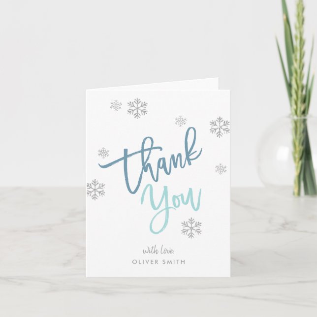 Winter Silver Glitter Snowflake Blue Folded Letterpress Thank You Card (Front)