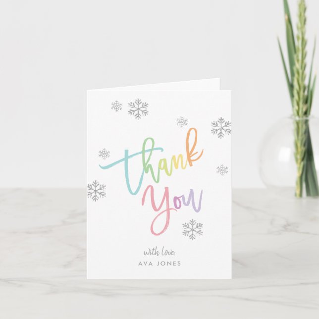 Winter Silver Glitter Snowflake Rainbow Folded Thank You Card (Front)