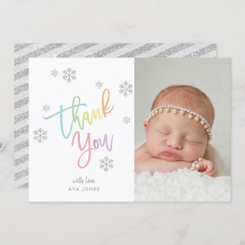 Winter Silver Glitter Snowflake Thank You Photo Invitation