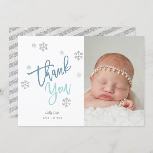 Winter Silver Glitter Snowflake Thank You Photo Invitation