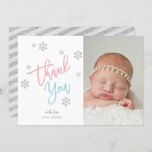 Winter Silver Glitter Snowflake Thank You Photo Invitation