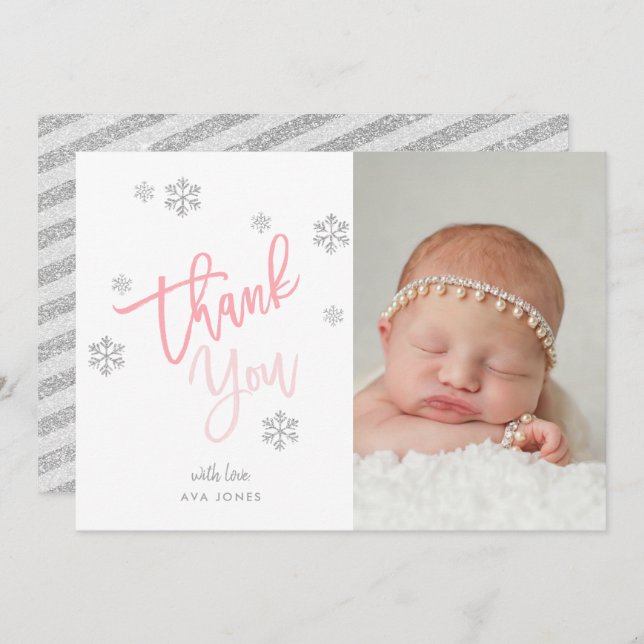 Winter Silver Glitter Snowflake Thank You Photo Invitation (Front/Back)