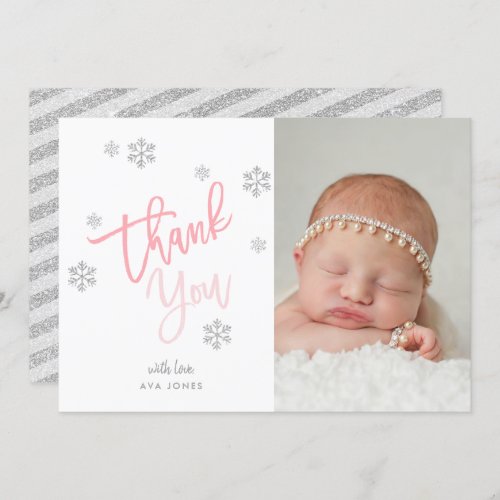 Winter Silver Glitter Snowflake Thank You Photo Invitation