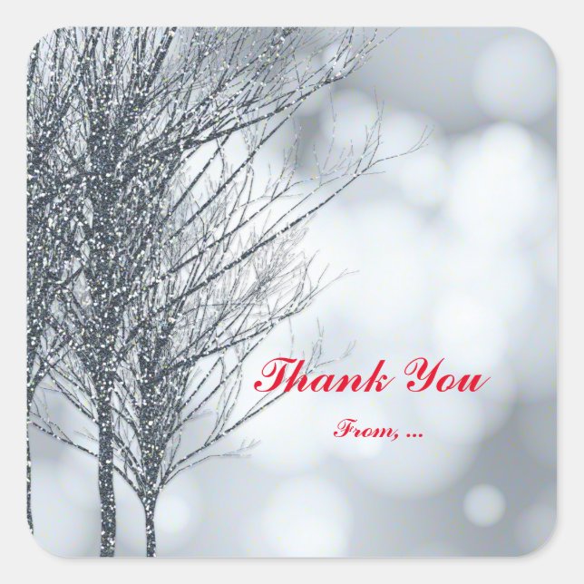 Winter Silver Glitter Trees Holiday Party Stickers (Front)