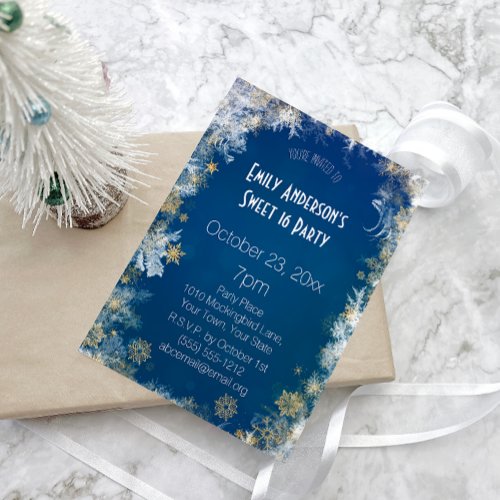 Winter Silver Gold Blue Sweet 16 Birthday Invitation