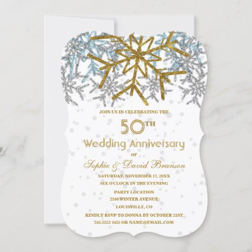 Winter Silver Gold Snowflakes 50th Wedding Party Invitation