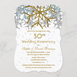 Winter Silver Gold Snowflakes 50th Wedding Party Invitation