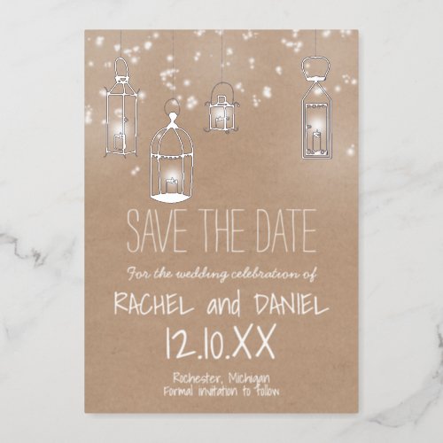 Winter silver lanterns save the date postcard