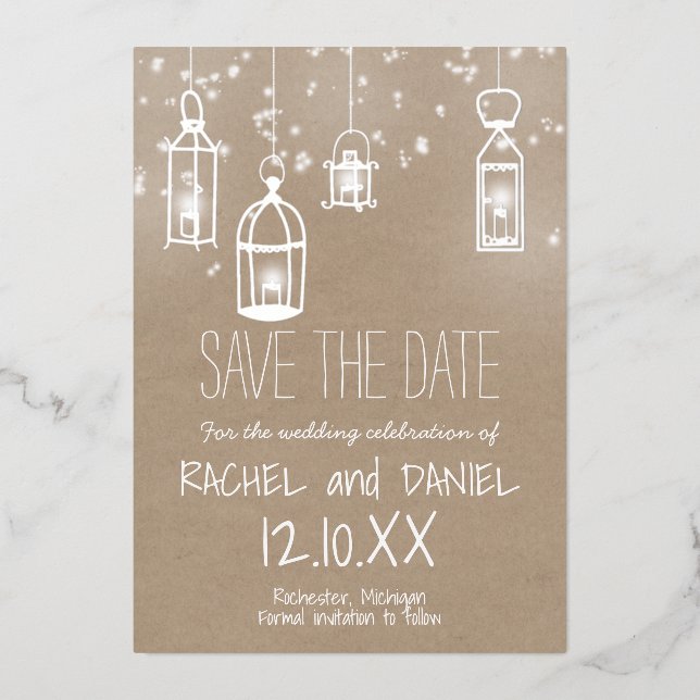 Winter silver lanterns save the date postcard (Front)