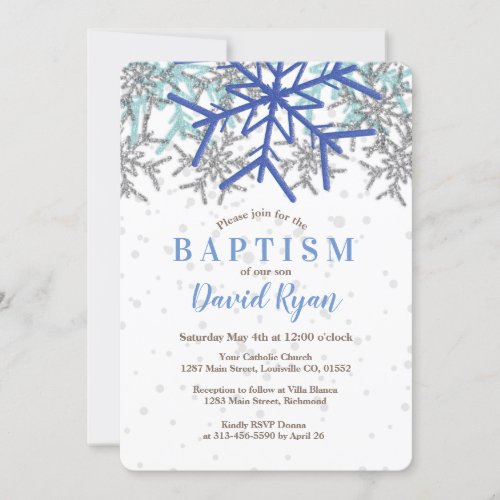 Winter Silver Navy Blue Snowflake Baptism Invite