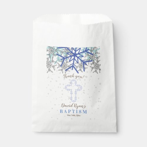 Winter Silver Navy Blue Snowflake Baptism Invite Favor Bag